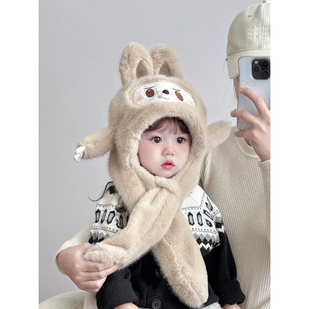 儿童帽子秋冬季保暖围巾一体毛绒帽男孩女宝宝耳朵会动防风护耳帽