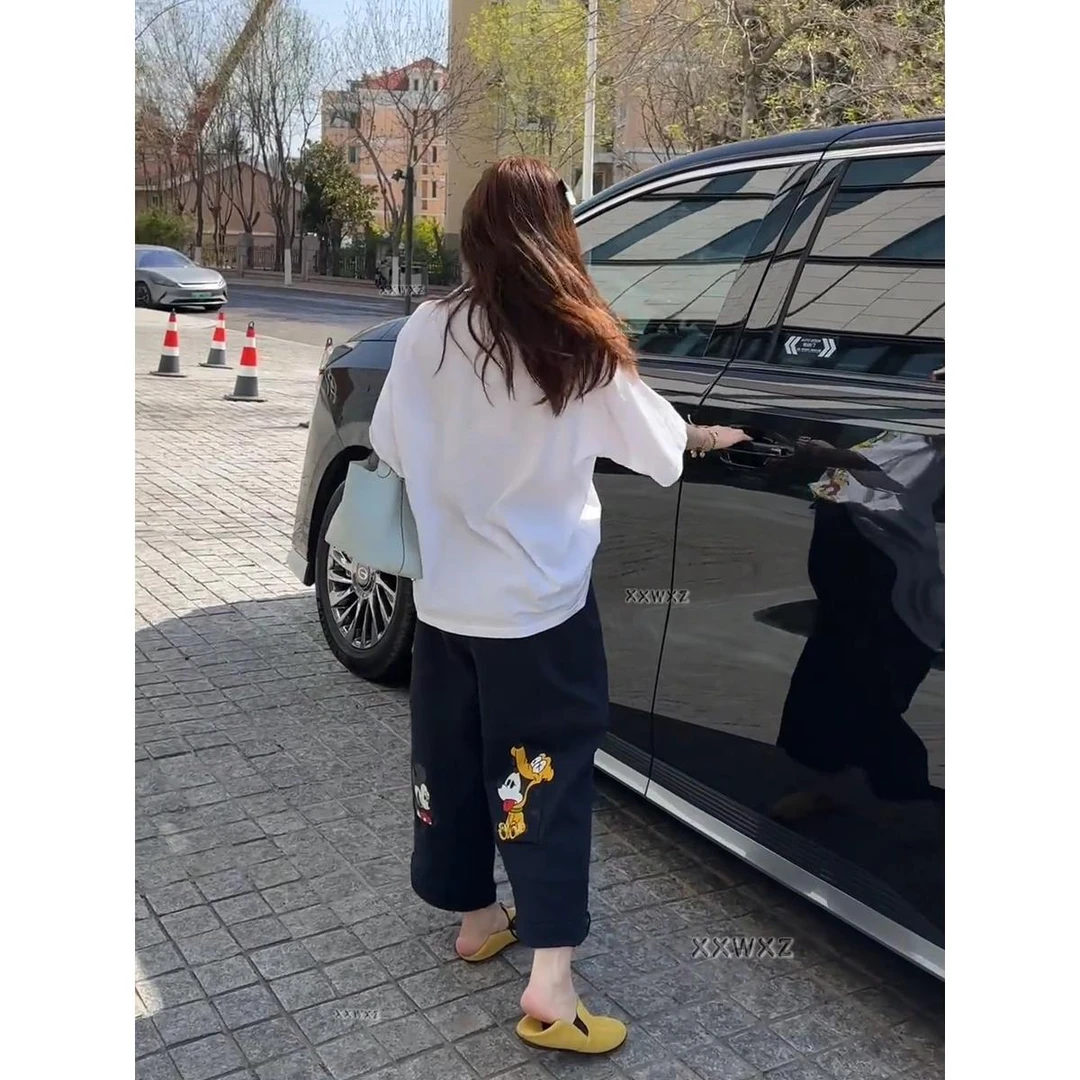 韩国东大门2025秋新款慵懒风米奇印花八分裤女高腰显瘦直筒休闲裤