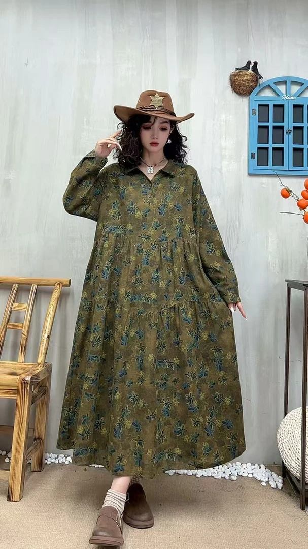 5422春夏秋新款气质时尚长袖复古遮肚宽松女显瘦百搭连衣裙妈妈装