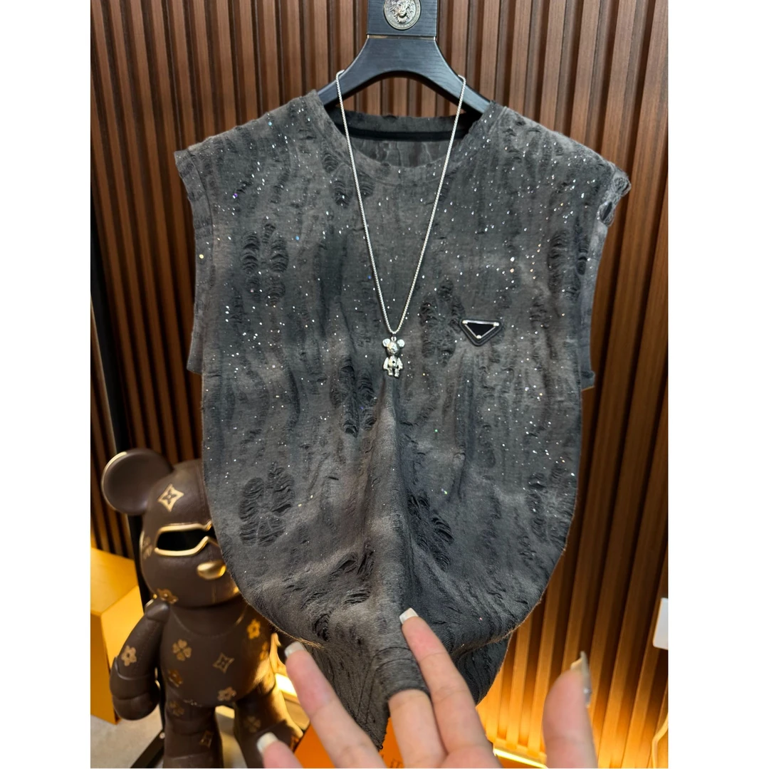 BW-圆领复古时尚套装休闲风破洞夏季背心无袖镂空 K-333-W