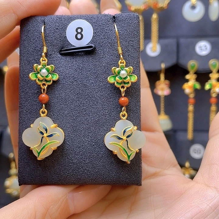 银S925镀金镶嵌和田玉耳饰