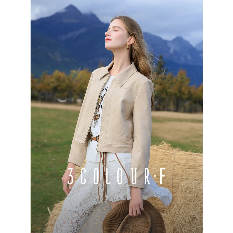 三彩独醒2025春季新款仿麂皮绒外套短款宽松休闲翻领时尚夹克F