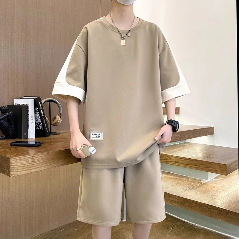 夏季套装男青少年港风短袖短裤搭配一套初高中学生休闲运动两件套