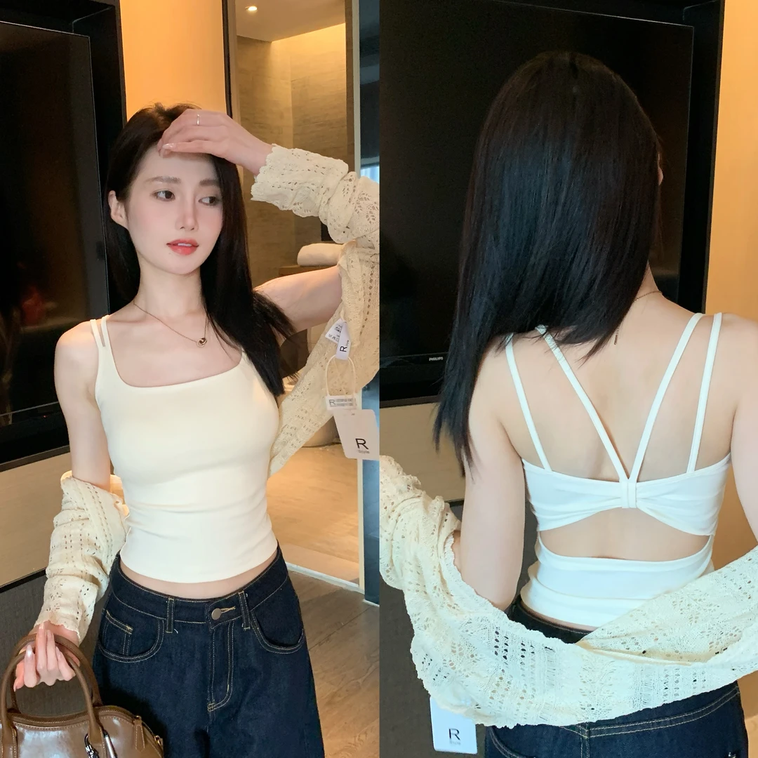 甜辣妹镂空蝴蝶结吊带背心女内搭一体杯胸垫美背裹胸短款外穿抹胸