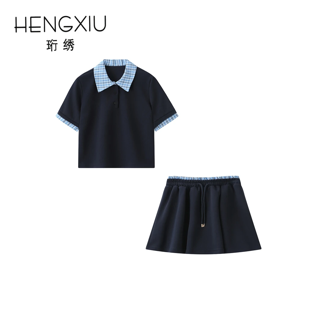 高品质-0118学院风格拼接短袖Polo衫套装