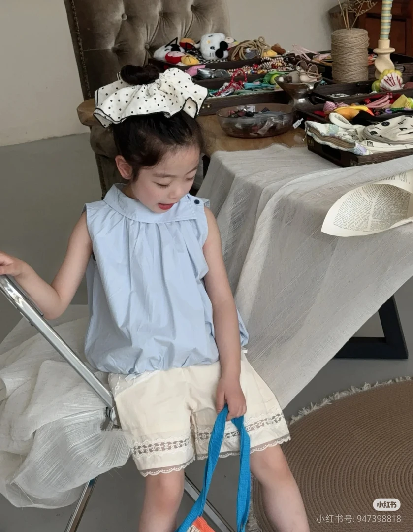 女童无袖衬衫上衣2025夏款女孩韩版纯色背心儿童花边休闲宽松衬衣