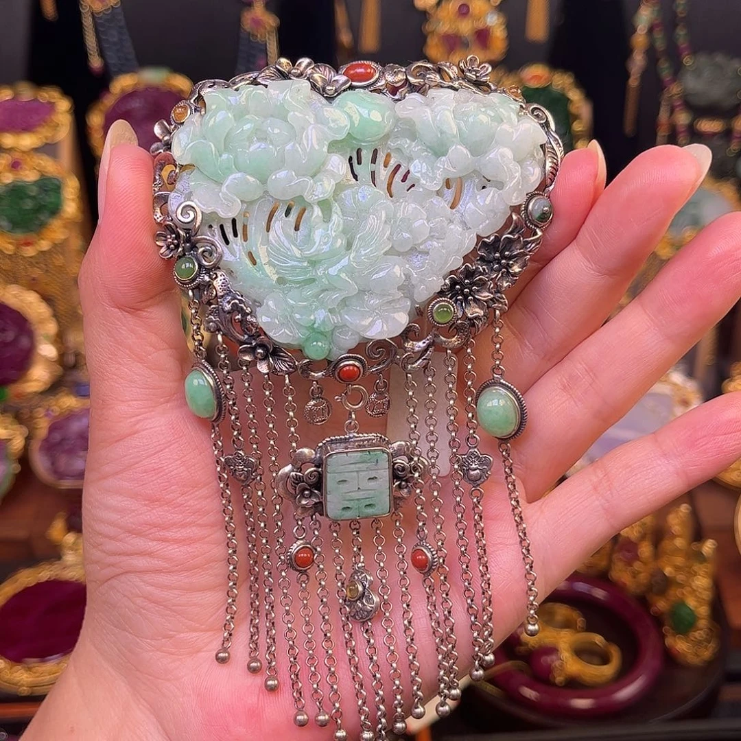 翡翠银S925镶嵌吊坠(不含链)翡翠牡丹花吊坠