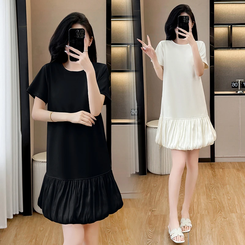 大码赫本风通勤气质短款连衣裙2025夏季高级感宽松显瘦小裙子6839