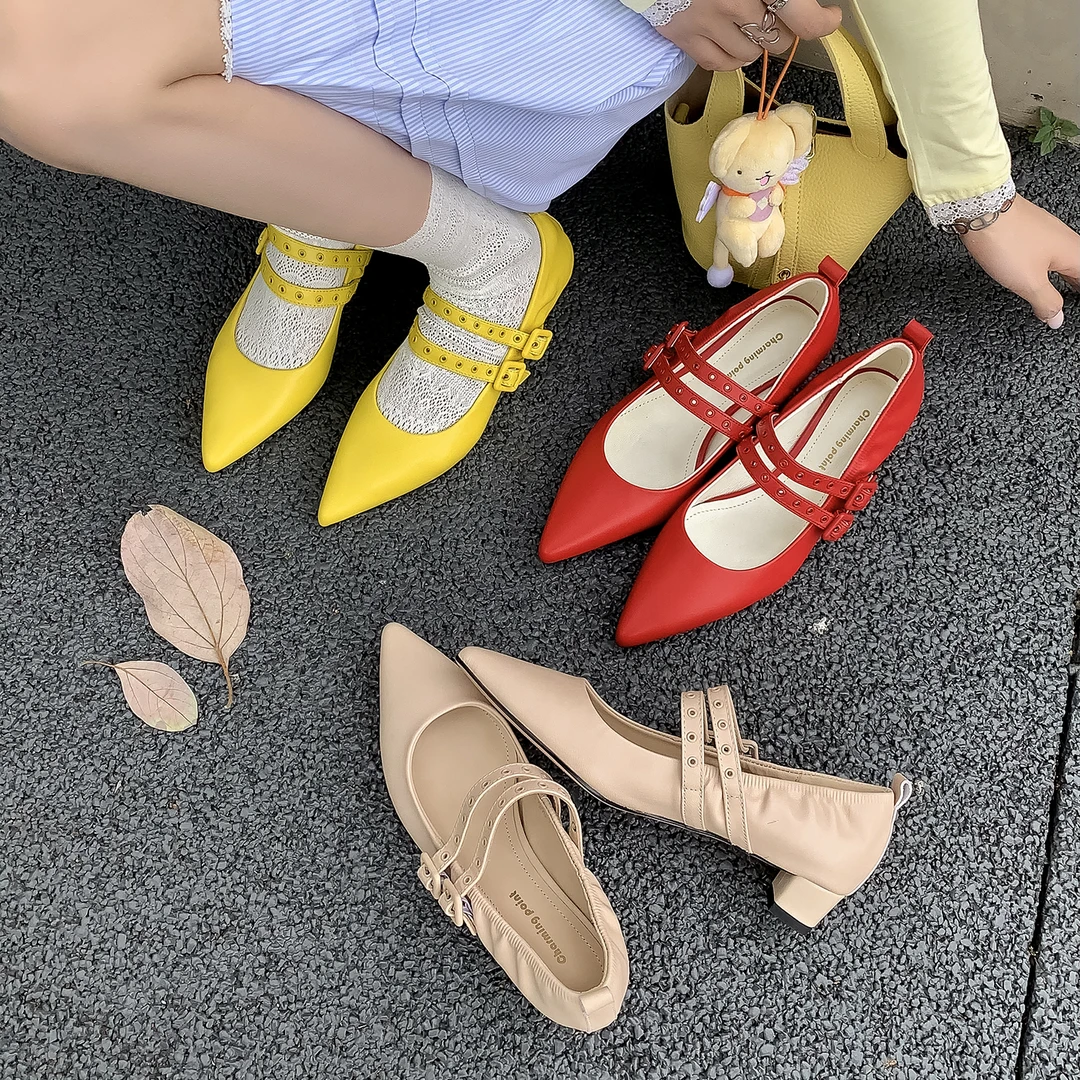 Sheriley77小众百搭法式尖头低跟单鞋浅口玛丽珍鞋双皮带扣仙女
