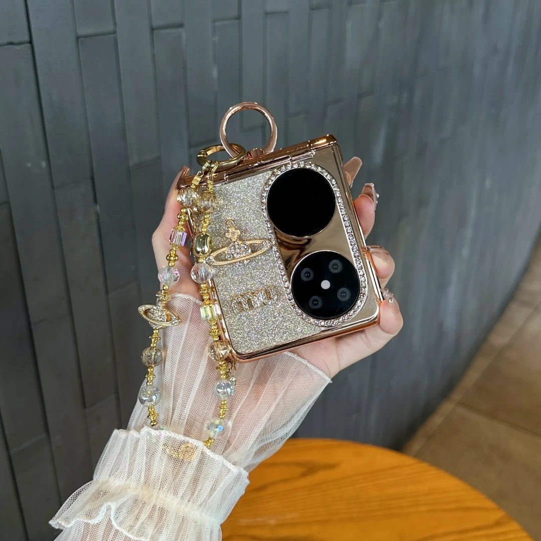 适用华为p50 pocket 2手机壳折叠屏闪粉渐变镶钻西太后轻奢保护套