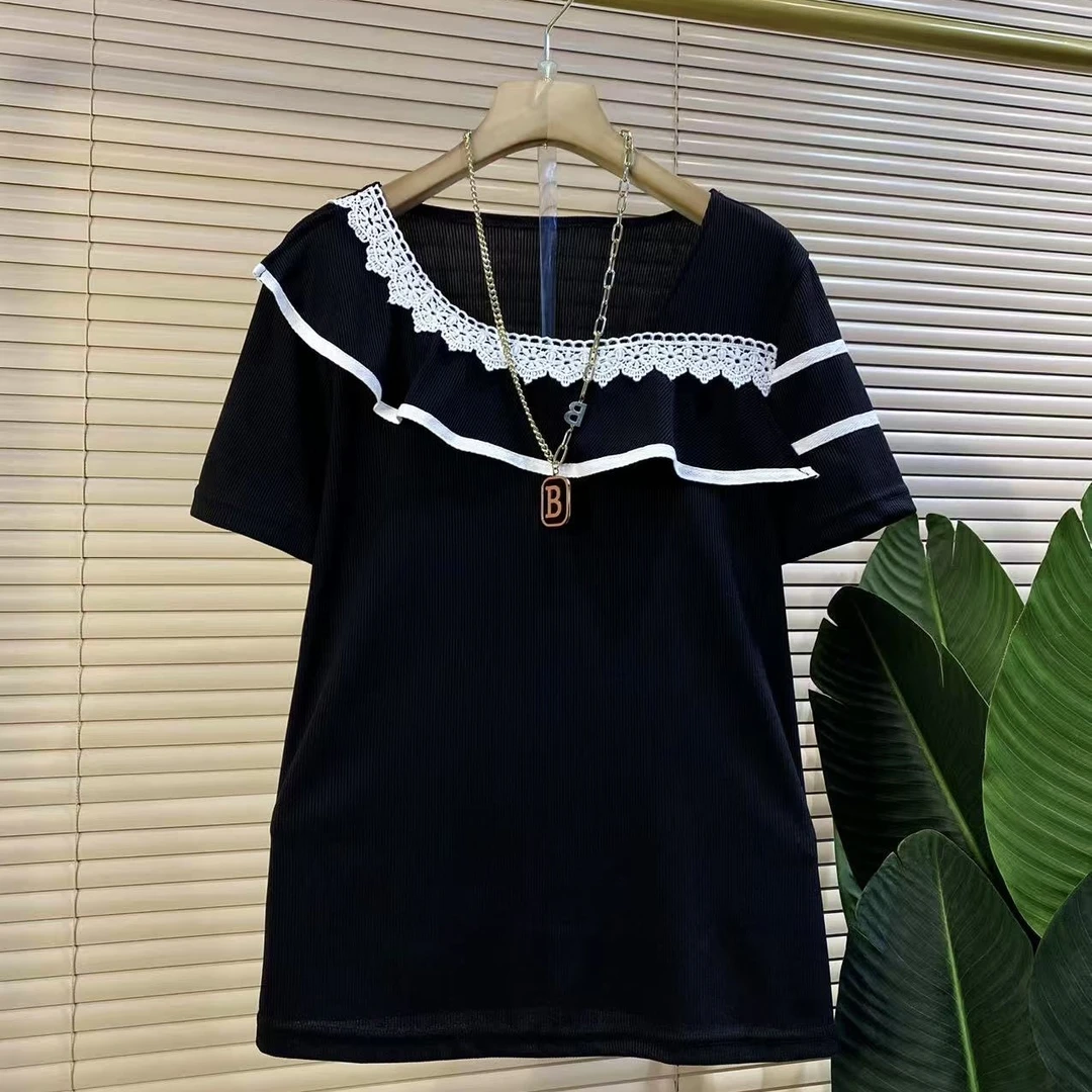 Y欧货时尚新款不规则花边拼接气质显瘦短袖上衣