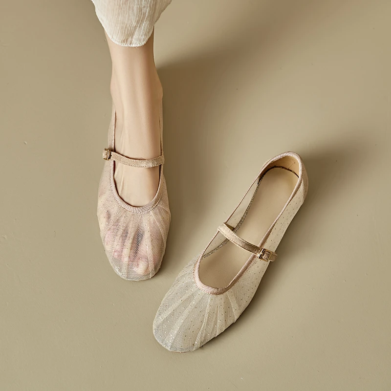 诗宝斐尔平底法式网纱透气玛丽珍女鞋春夏圆头褶皱一字带浅口单鞋
