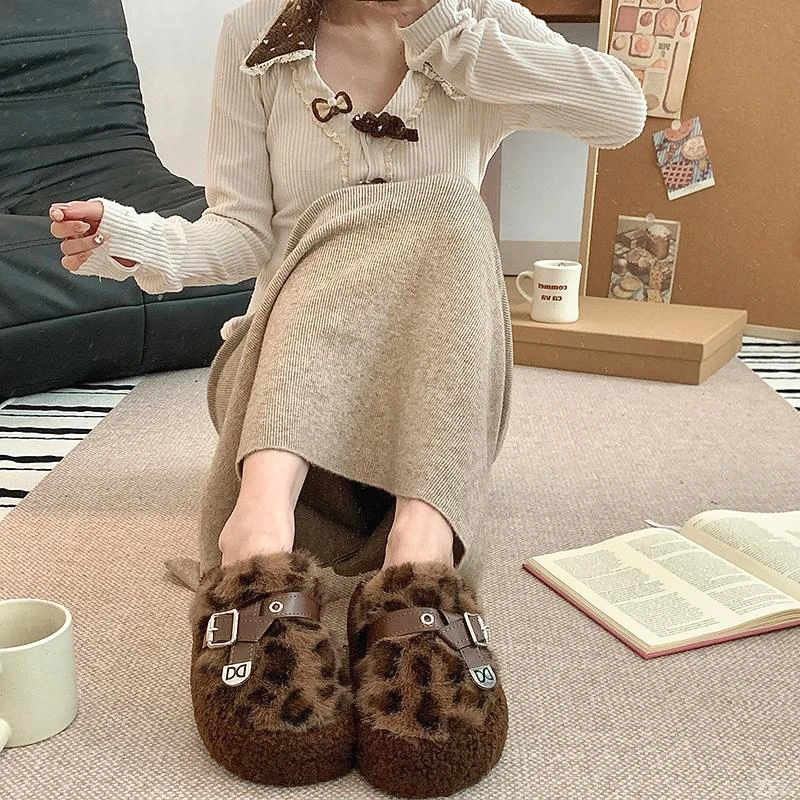 洋气加绒高颜值豹纹包头半拖鞋女秋冬外穿2025新款穆勒厚底棉拖鞋