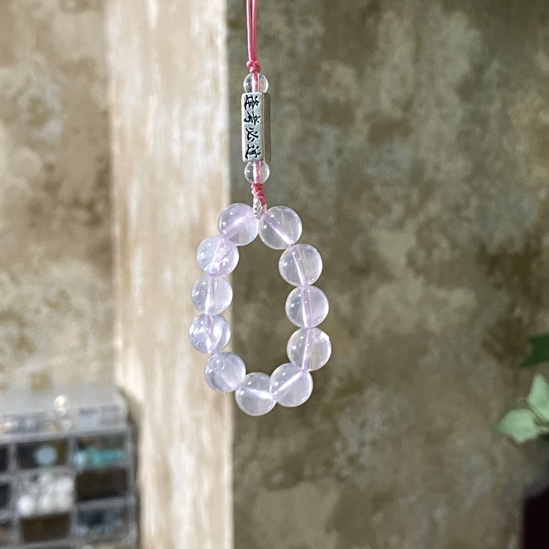 粉晶白水晶圆珠搭逢考必过S925银配件手机挂