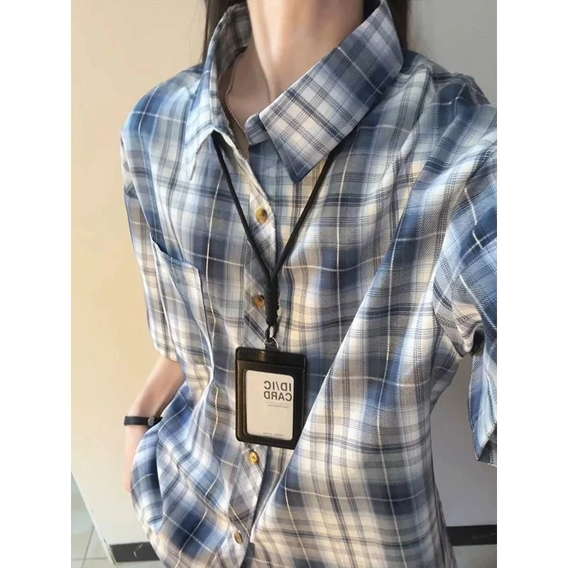 cleanfit短袖格子衬衫男女款宽松慵懒风早秋薄款美式格纹衬衣外套