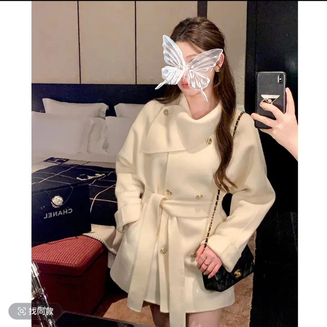 冬季网红爆款显瘦围脖领系带呢子大衣毛呢外套新款8290