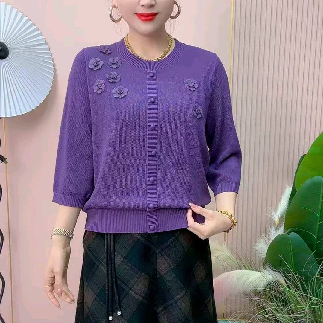 七分袖打底衫宽松针织衫时尚针织衫冰丝网红女春秋夏薄款中年