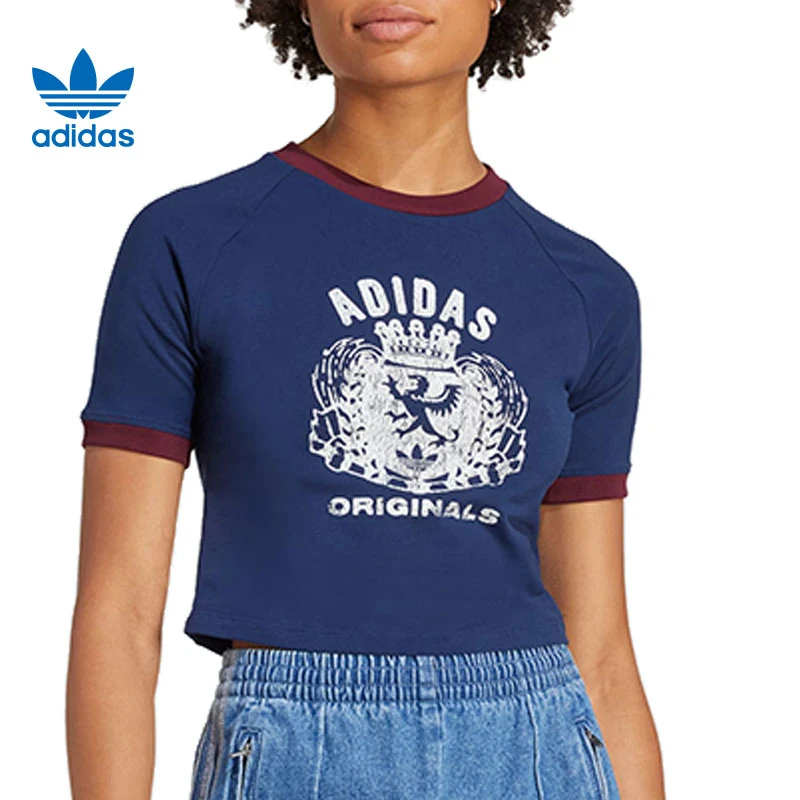 【滔搏补贴】阿迪达斯/adidas女子夏季修身休闲运动短T恤深蓝JW6033