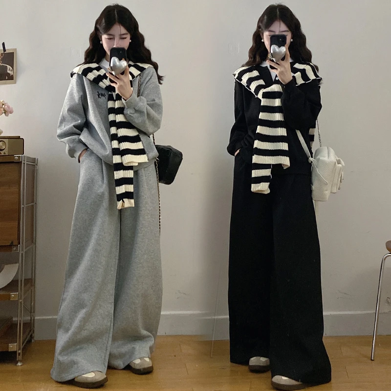 大码新款韩系通勤百搭高级感休闲运动灰色卫衣套装女