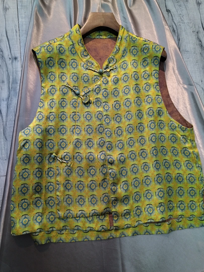 夏季印花时尚复古立领马甲提花上衣宽松型马夹黄色