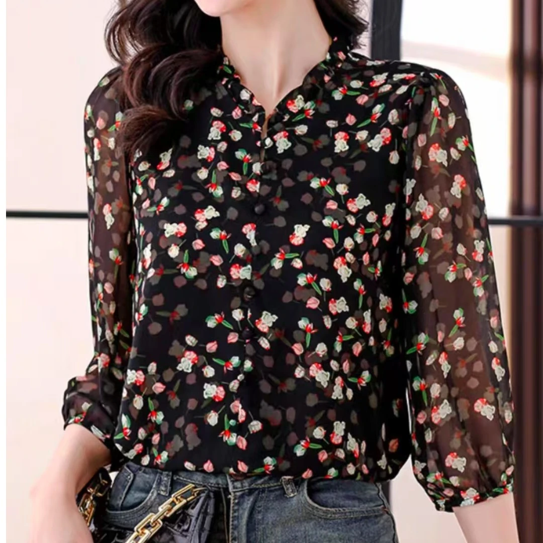 2025春夏新款气质印花衬衫女时尚百搭小衫女上衣洋气8678长58