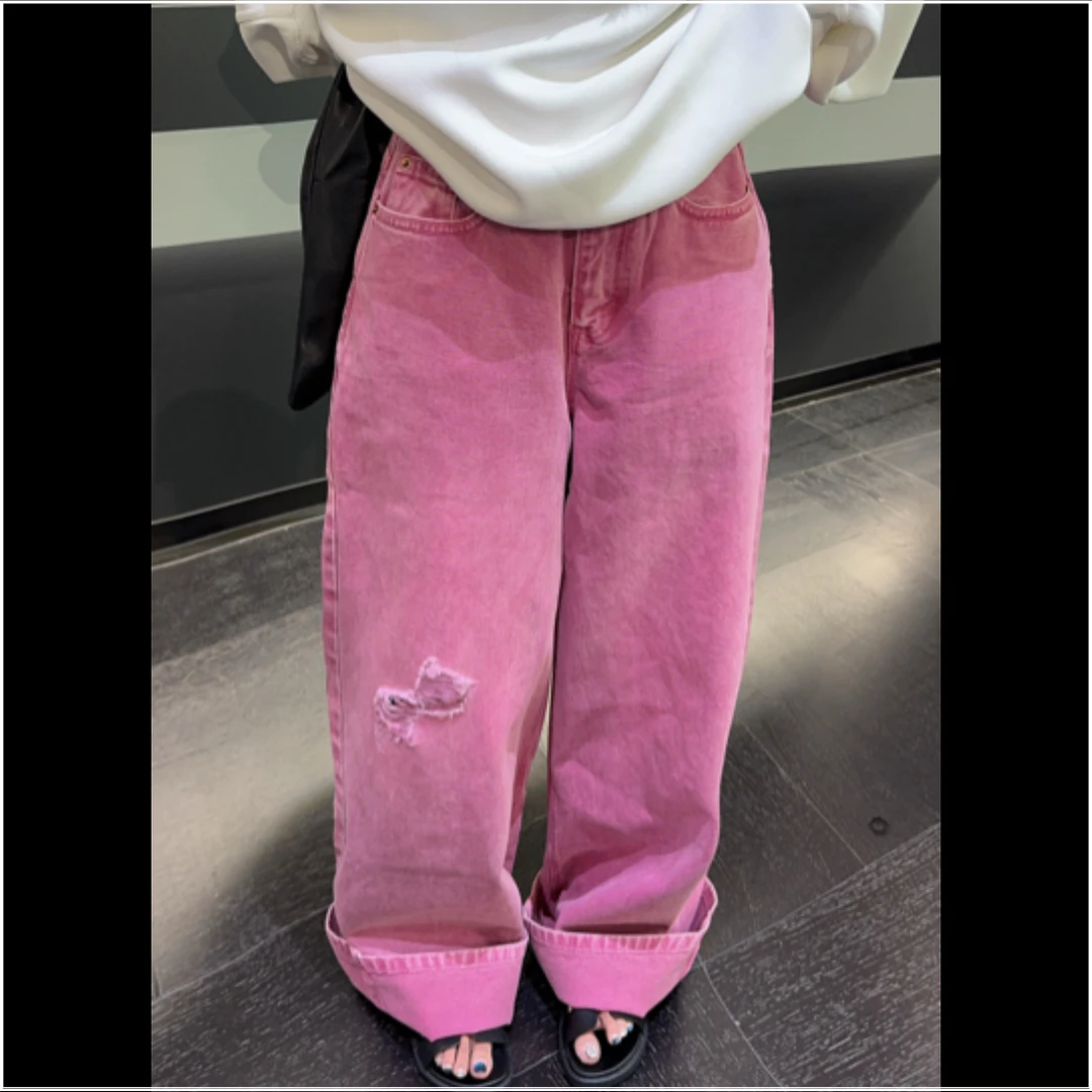 LULU BUNNY  洗水色洋气拖地裤阔腿休闲牛仔复古高腰百搭宽松
