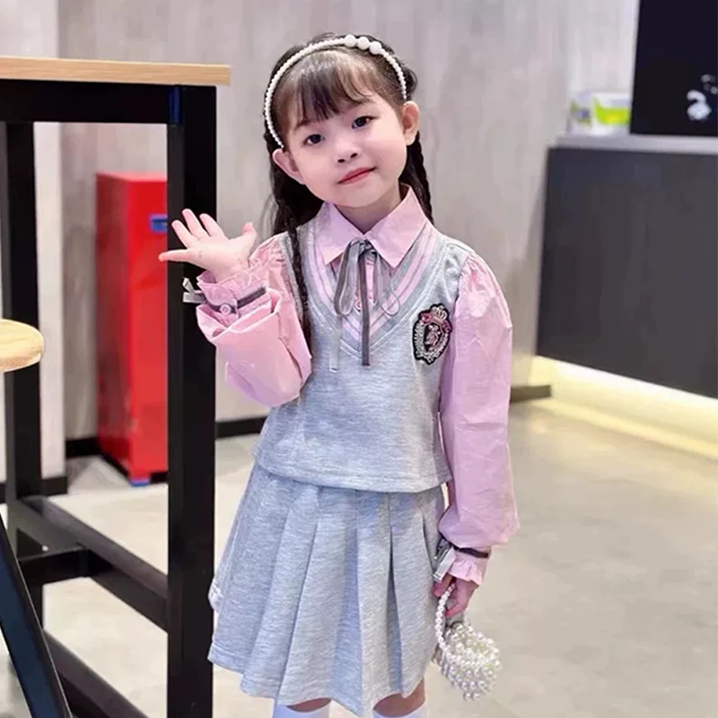 女童学院风春秋套装新款童装洋气时髦长袖上衣百褶裙小女孩两件套