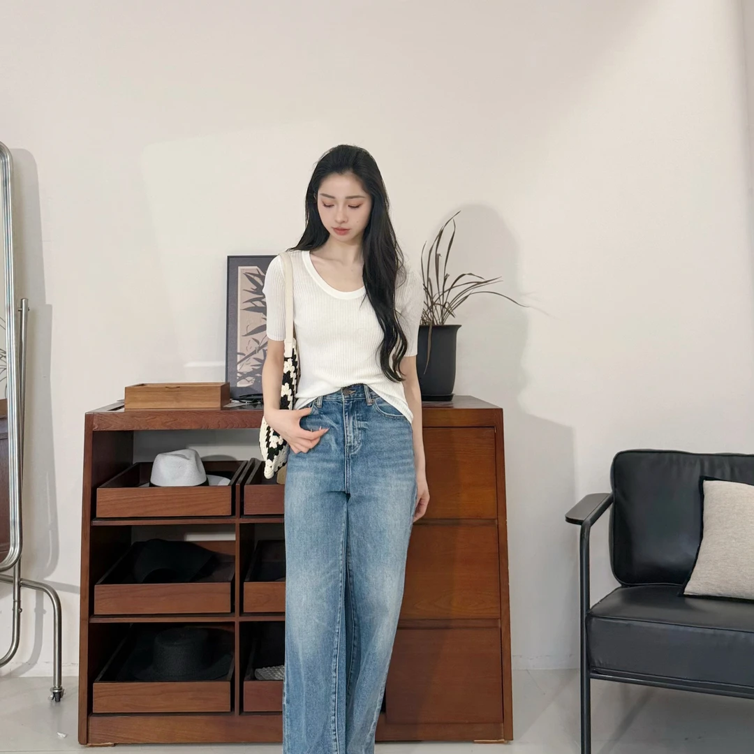 euri桑蚕丝•莱赛尔｜经典坑条柔软亲肤女士U领短袖 T 恤-MY5797