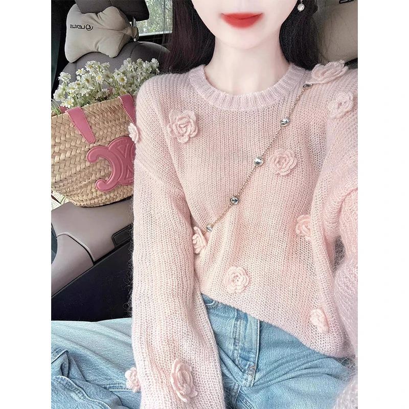 韩系慵懒风氛围感奶呼呼减龄上衣高级感粉色立体花朵针织衫女早秋