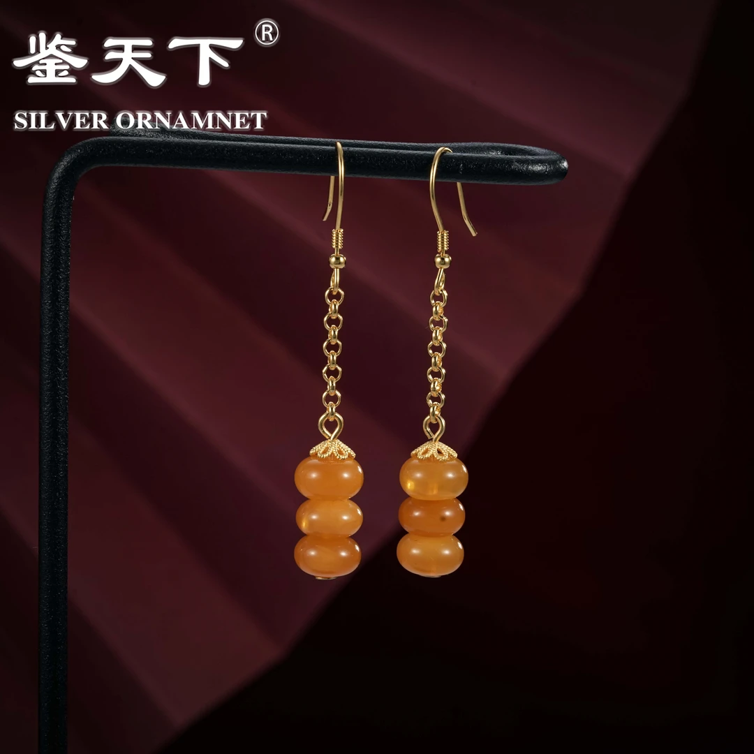 鉴天下镀金8.5-9mm蜜蜡扁珠长款耳饰07220167