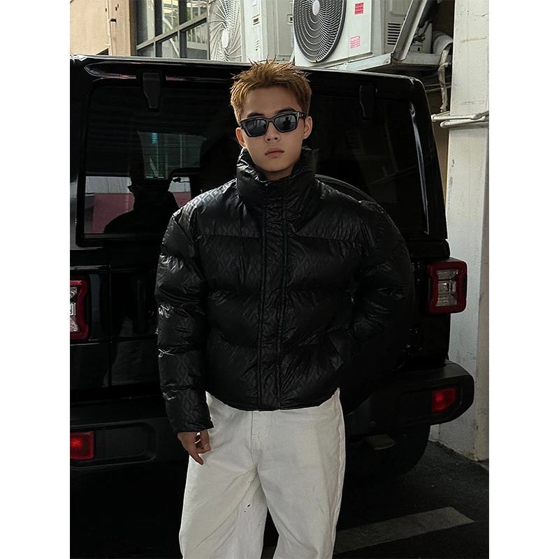 黑色菱格暗纹立领羽绒棉服男款冬季高级感加厚保暖短款面包服外套