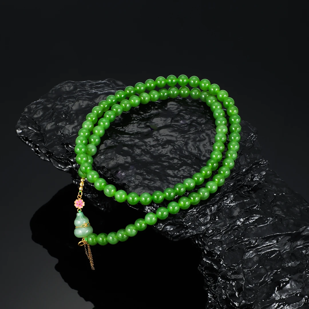 18K金镶嵌6mm猫眼立体葫芦碧玉串珠HNZ12073