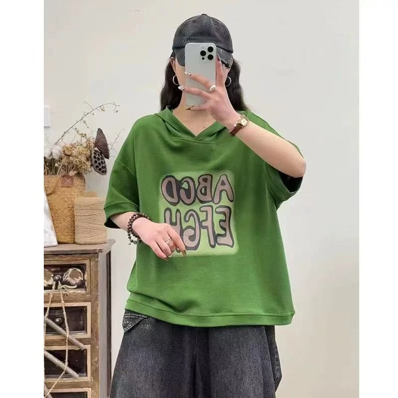 9701新款夏季时尚洋气减龄印花连帽短袖T恤