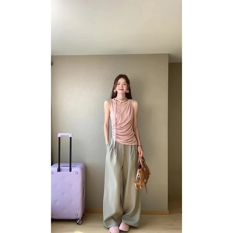 2025新款女士春夏季不对称下摆收褶挂脖吊带上衣高腰宽松阔腿裤子