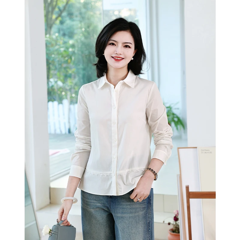 阿楠anan 舒逸时光 白色翻领百搭长袖衬衫春新款女装修身开衫衬衣