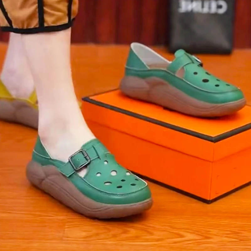 小众复古中年妈妈鞋女夏季舒适镂空洞洞鞋软底一脚蹬厚底两穿单鞋