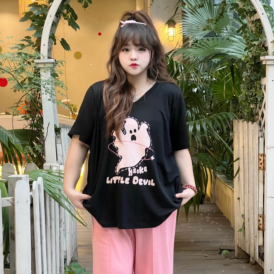 LIN /小美很忙【可爱小鬼】 大码女装 时尚百搭弹力T恤短袖WLL324