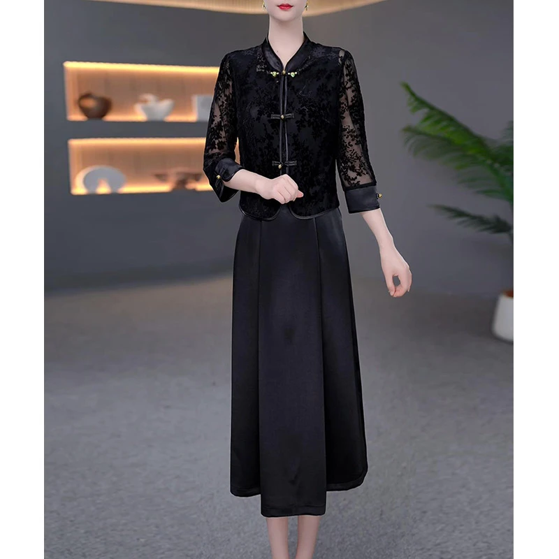 DBF-25A727  新中式轻奢国潮国风显瘦气质法式中长款连衣裙M-5XL