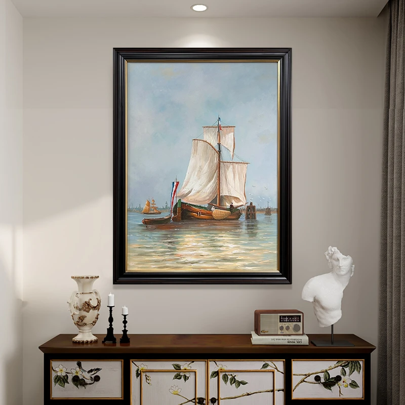 【一帆风顺】中古风玄关装饰画手工油画法式沙发背景墙挂画餐厅壁画