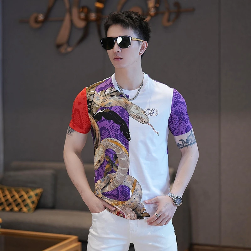 2025夏季新款男士短袖潮流个性撞色数码印花时尚休闲百搭修身圆领