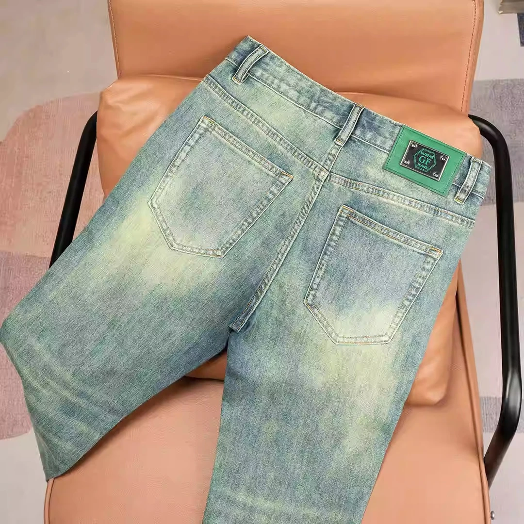 符腾野堡马水鬼绿牛仔裤修身小脚裤春夏季新款潮流弹力男士九分裤