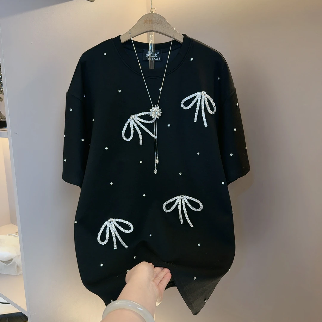 新款圆领钉珠亮钻短袖T恤裙胖MM法式甜美减龄洋气休闲连衣裙