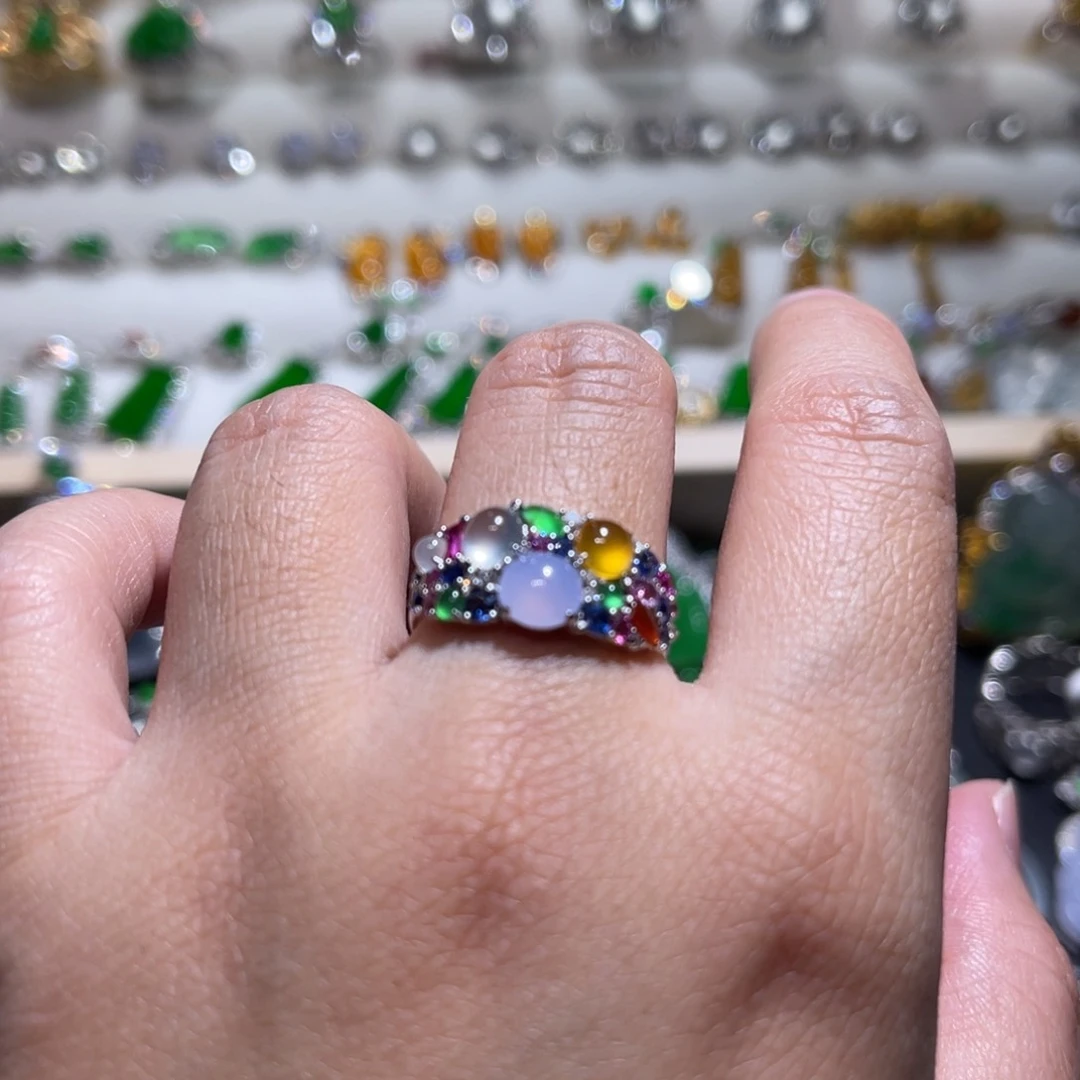 翡翠戒指18K金镶嵌多宝戒指