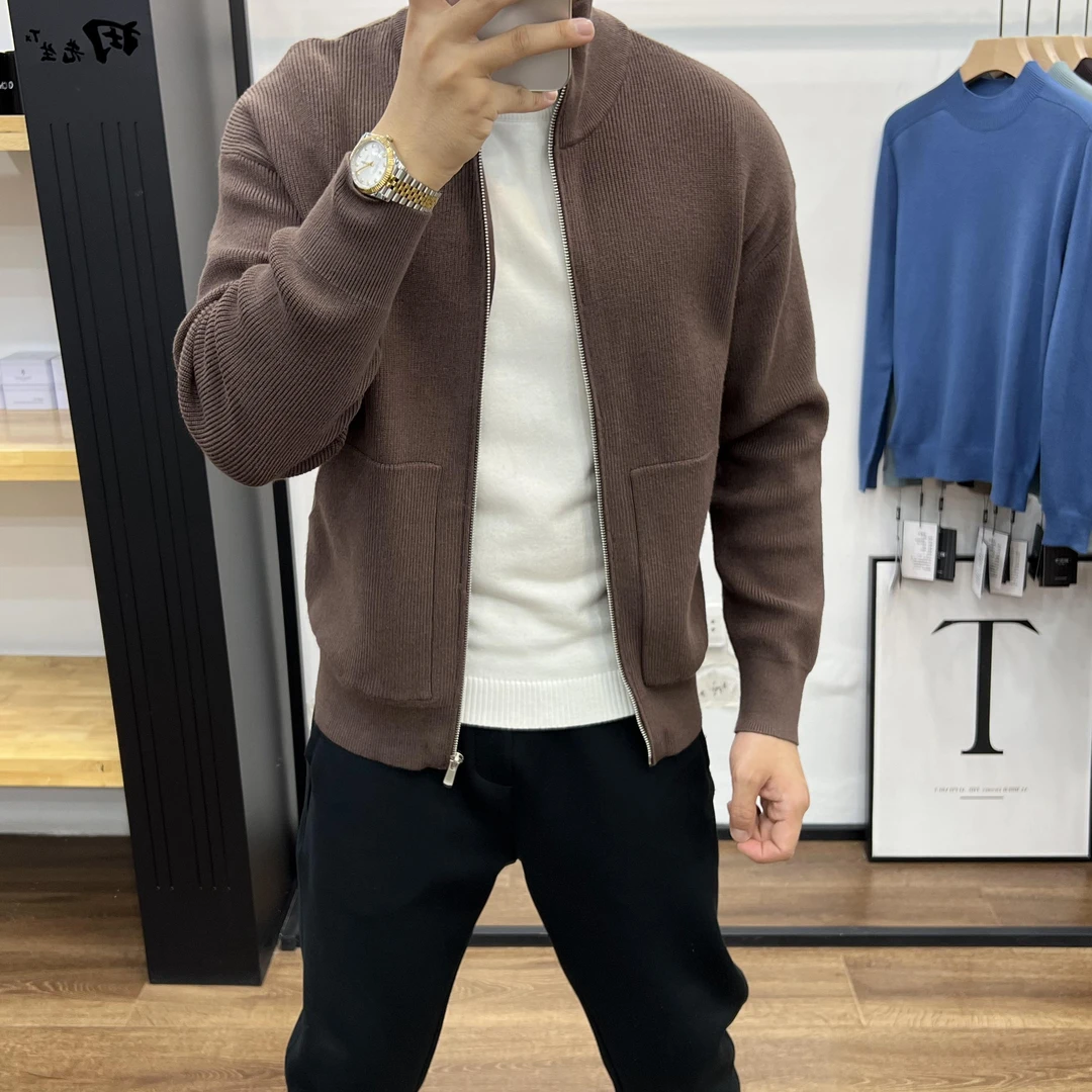 轻熟风立领带侧口袋毛衣休闲外套男韩版修身高级感拉链针织开衫潮