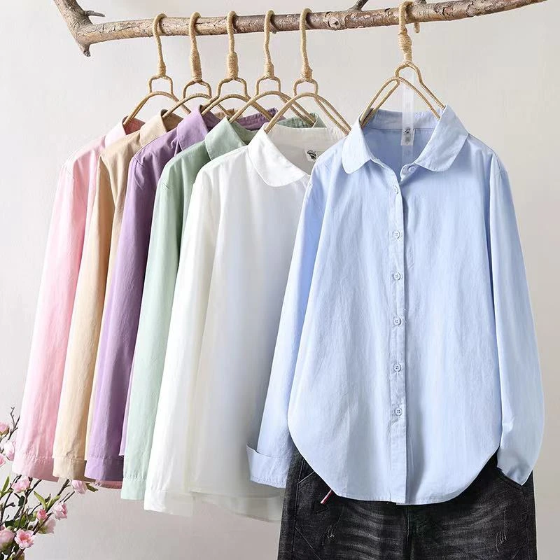 春秋新款纯棉清新小圆领韩版显瘦气质宽松打底气质纯棉内搭衬衫