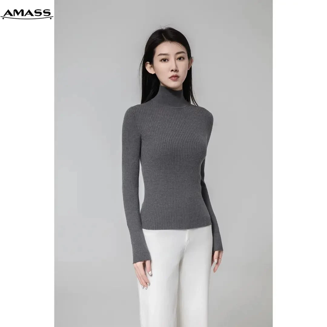 AMASS/阿玛施秋冬时尚百搭修身烟管领气质羊法式气质修身美丽诺