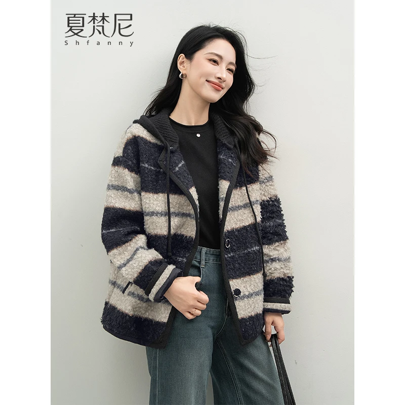 夏梵尼松弛刻度秋冬条纹圈圈呢连帽外套百搭休闲高级感夹棉外衣