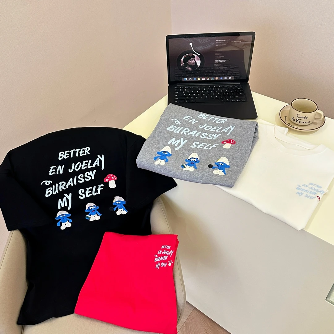 0187【春季新款】前后蘑菇字母蓝精灵卡通休闲百搭圆领短袖（603）