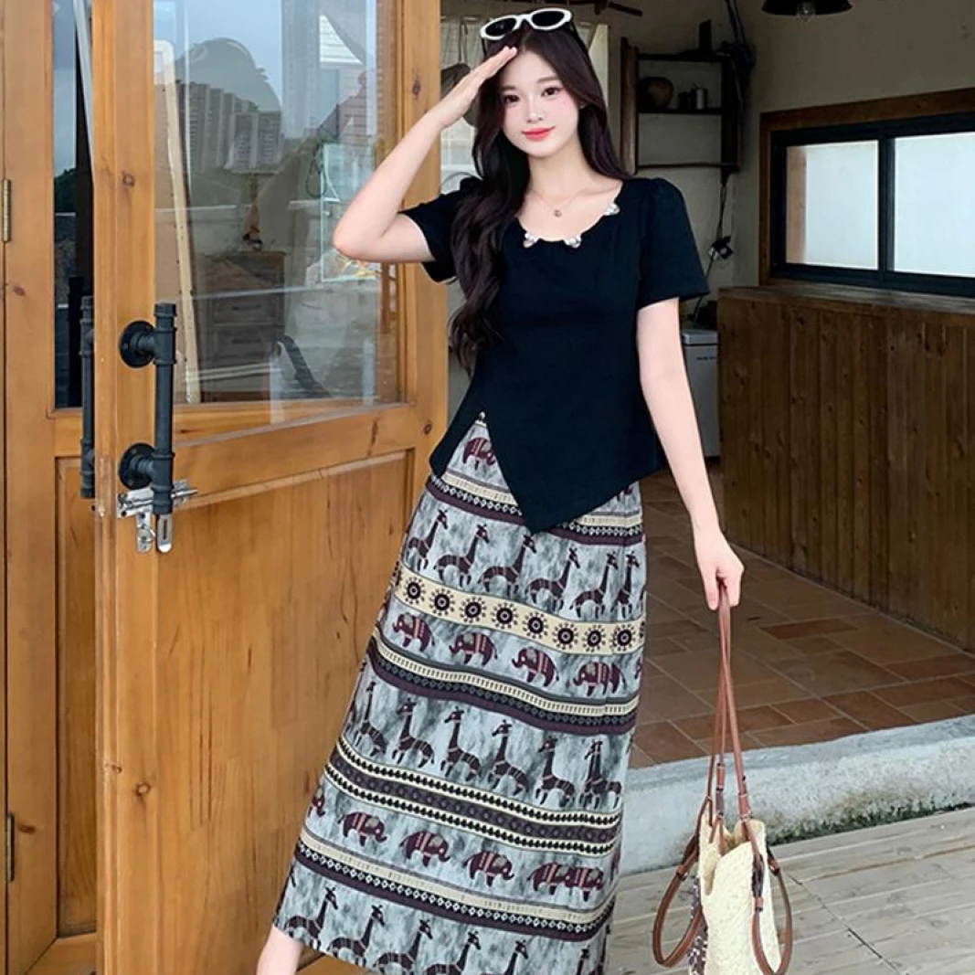 2025夏新胖mm大码女短袖T恤 半身裙套装 A1923短袖 22115半身裙