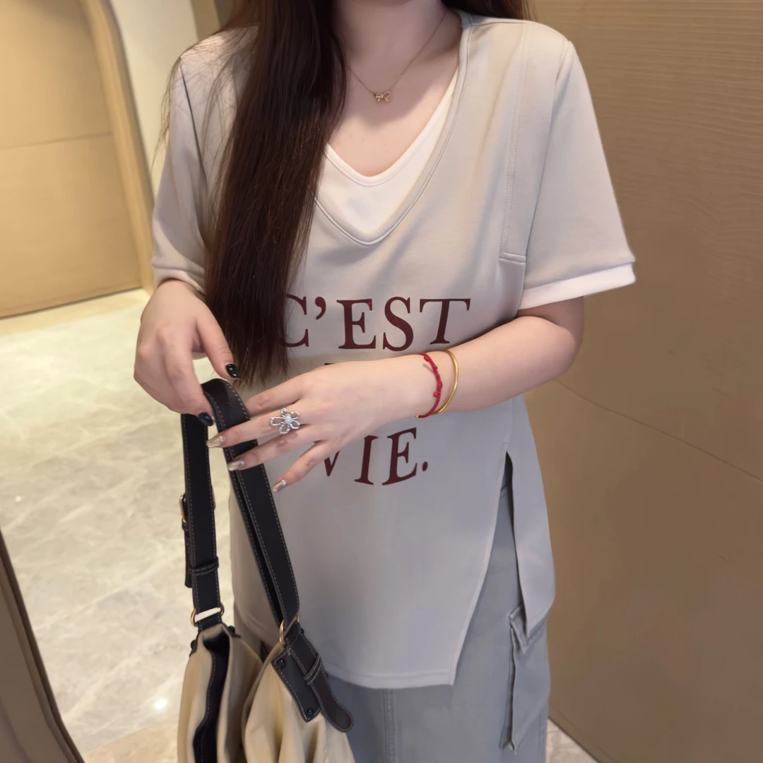 盈盈&南岛风大码女装字母印花拼接短袖上衣胖mm夏显瘦T恤ZYY1677